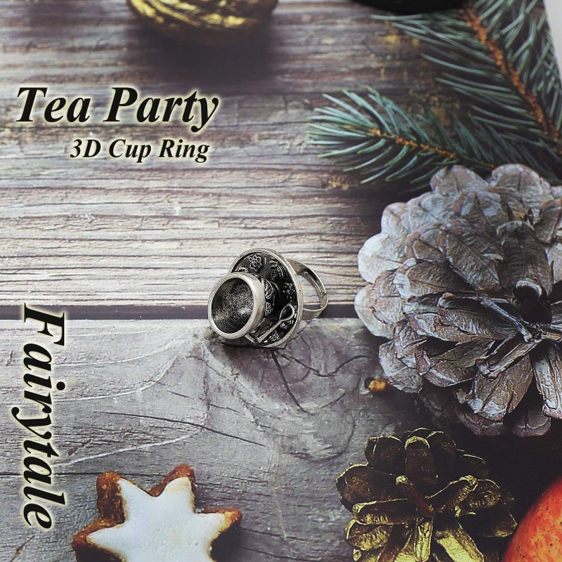 RechicGu Antique Silver Vintage Fairytale 3D Tea Cup Saucer Ring Party Fairy Tale Hatter Wonderland Cosplay Fancy Dress - Image 5